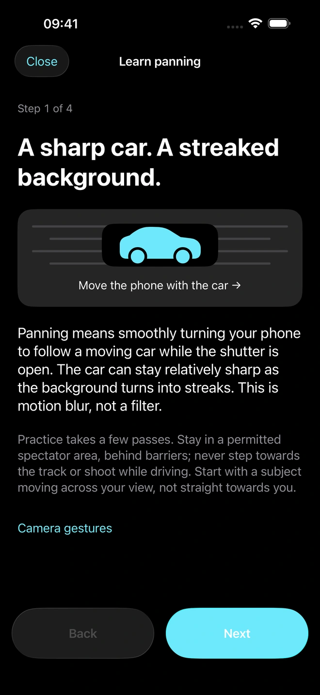 VelocityLens panning guide, explaining how to move your phone with the car for a streaked background.