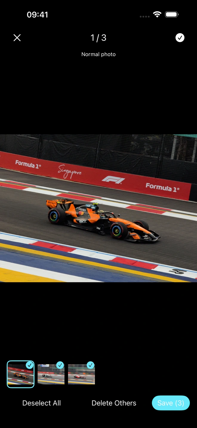 VelocityLens photo review showing a race car, three selected photo thumbnails and the Save button.